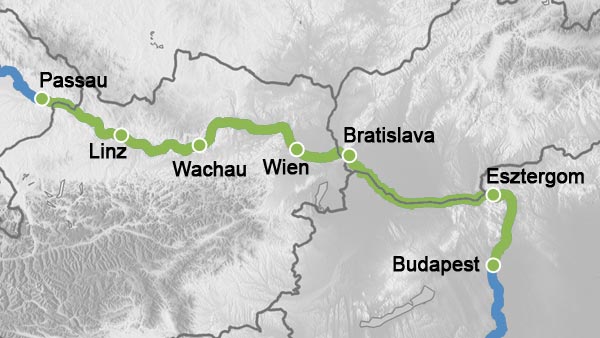 Reiseverlauf Karte Höhepunkte der Donau