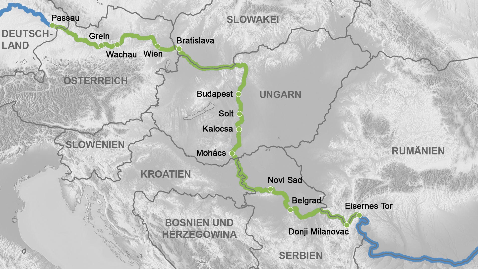 Reiseverlauf Karte Donauvielfalt bis zum Eisernen Tor 