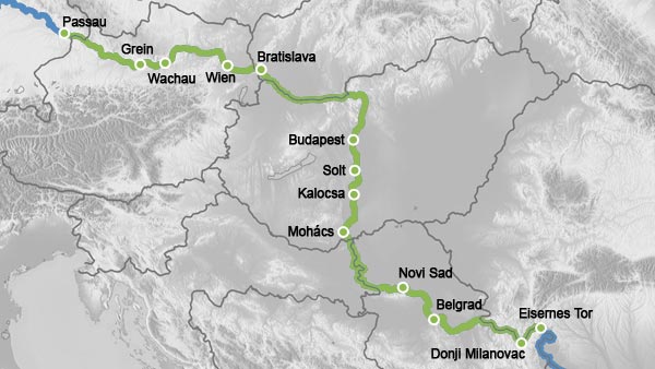 Reiseverlauf Karte Donauvielfalt bis zum Eisernen Tor