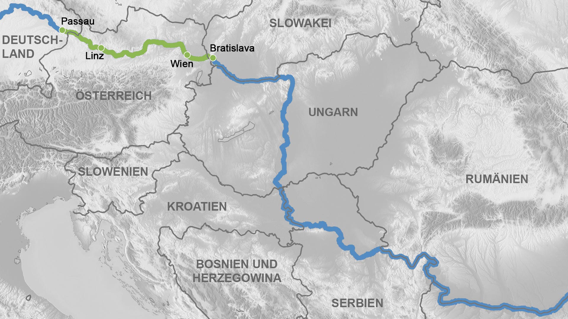 Reiseverlauf Karte Weihnachtsmärkte entlang der Donau
