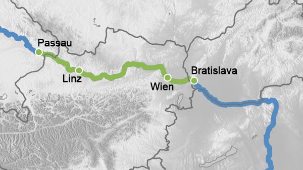 Reiseverlauf Karte Weihnachtsmärkte entlang der Donau