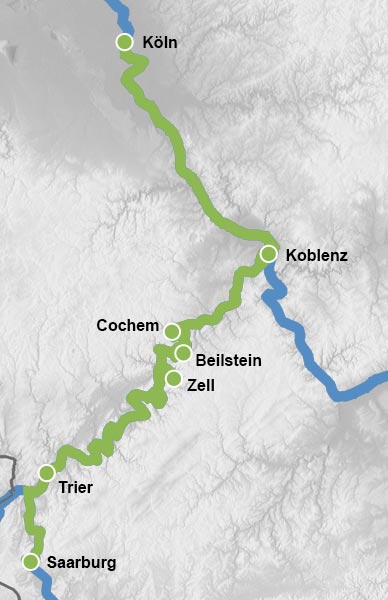 Reiseverlauf Karte Rhein und Mosel mit Saarschleife