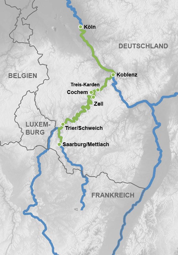 Reiseverlauf Karte Rhein, Mosel und Saarschleife erleben