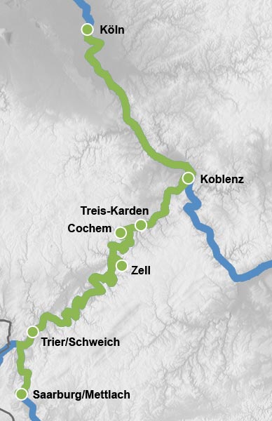 Reiseverlauf Karte Rhein, Mosel und Saarschleife erleben