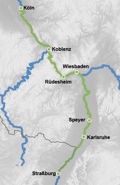 Reiseverlauf Karte Festtage auf dem Rhein