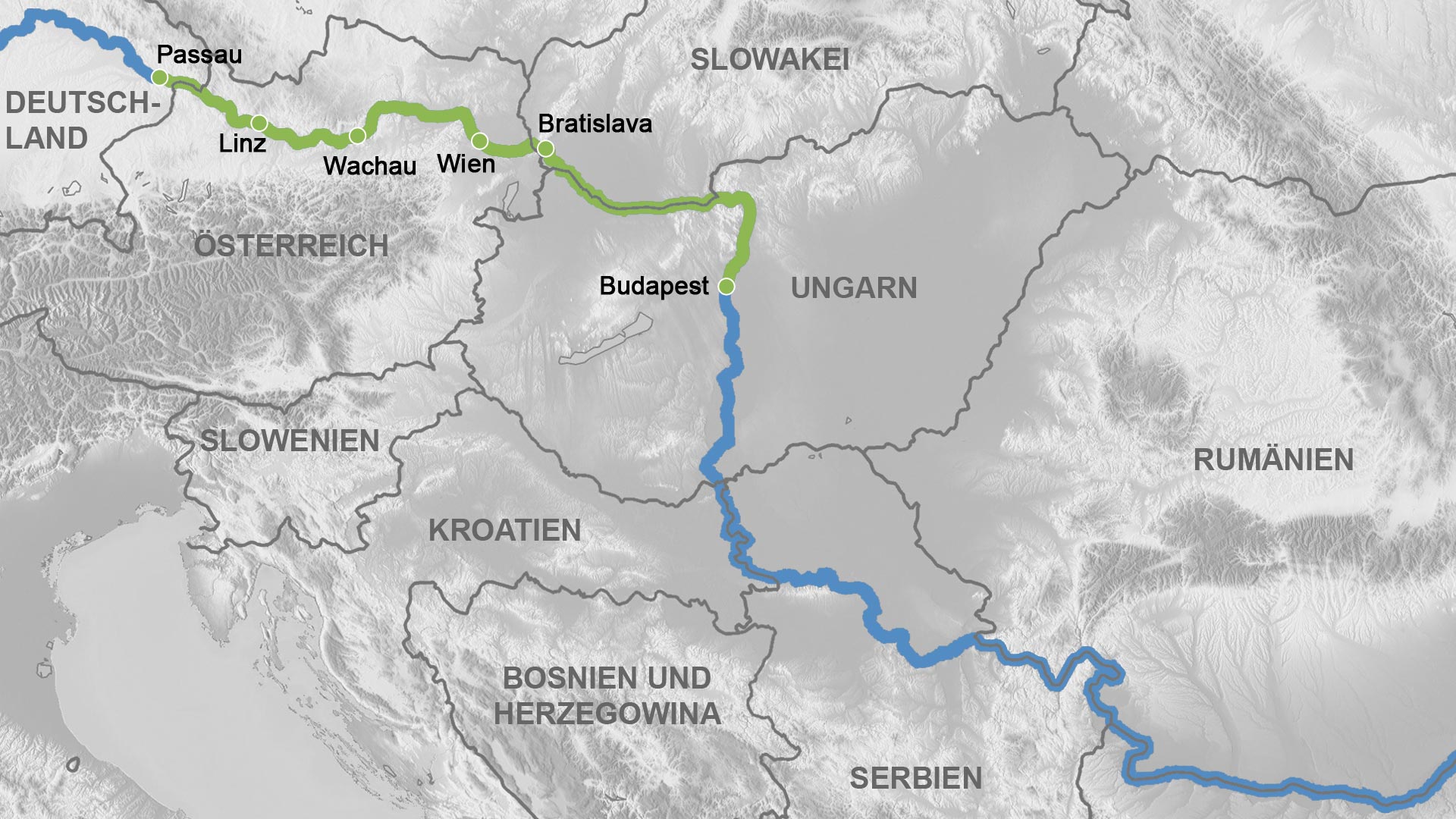 Reiseverlauf Karte Höhepunkte der Donau